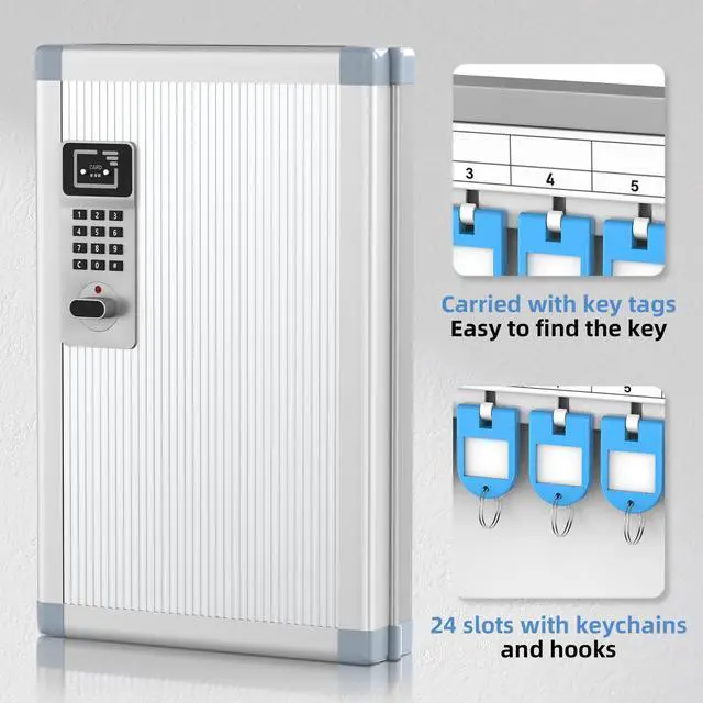 Alt view image 13 of 14 - 24 Slots Key Box Wall Mount with Code and Key, Key Lock Box with Combination, Key Storage Box with Key Hooks & Tags & Lables, 8.45" x 2.55" x 13" (Silver-Code Lock, 24 Keys)