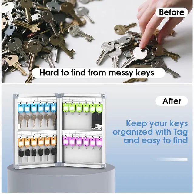 Alt view image 14 of 14 - 24 Slots Key Box Wall Mount with Code and Key, Key Lock Box with Combination, Key Storage Box with Key Hooks & Tags & Lables, 8.45" x 2.55" x 13" (Silver-Code Lock, 24 Keys)
