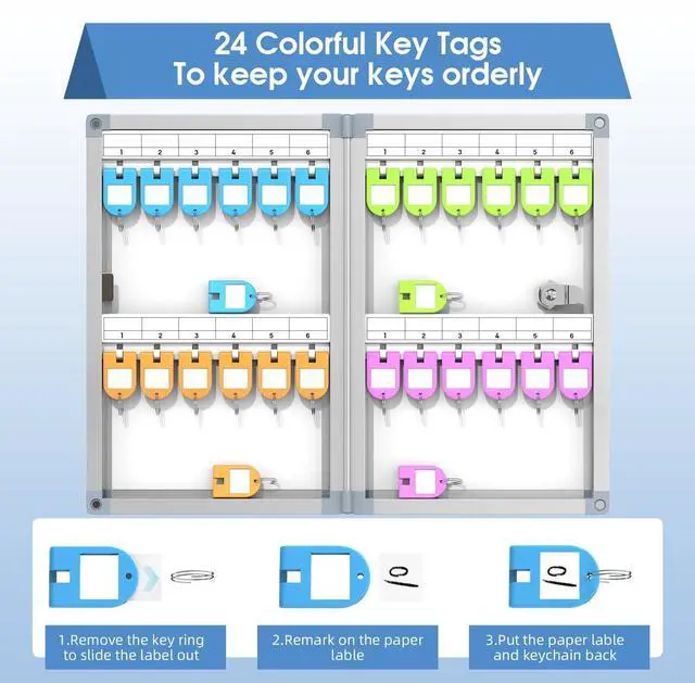 Alt view image 12 of 14 - 24 Slots Key Box Wall Mount with Code and Key, Key Lock Box with Combination, Key Storage Box with Key Hooks & Tags & Lables, 8.45" x 2.55" x 13" (Silver-Code Lock, 24 Keys)