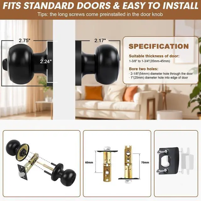 Alt view image 11 of 14 - Privacy Door Knobs, 4 Pack Matte Black Door Knobs with Lock, Bed and Bath Door Knob Interior Keyless Locksets, Round Door Handles Reversible for Left Right Handed Doors