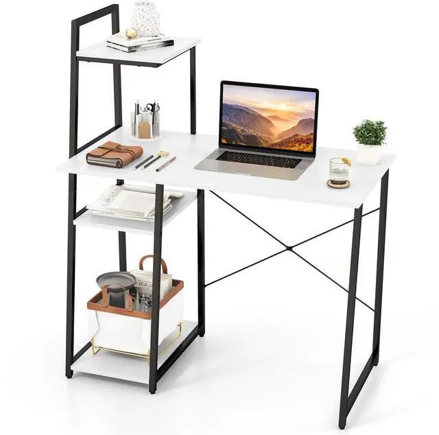 Alt view image 7 of 7 - Computer Desk with Shelves, Space Saving Home Office Desk with 3-Tier Ladder Shaped Storage Bookshelf, Modern Writing Study Desk with Metal Frame, Compact Computer Workstation (White)