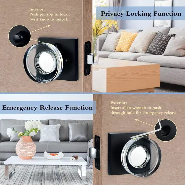 Alt view image 10 of 12 - Matte Black Door Knob Glass Door Knobs Interior Privacy Door Knobs with Lock for Bathroom and Bedroom Vintage Crystal Door Knobs