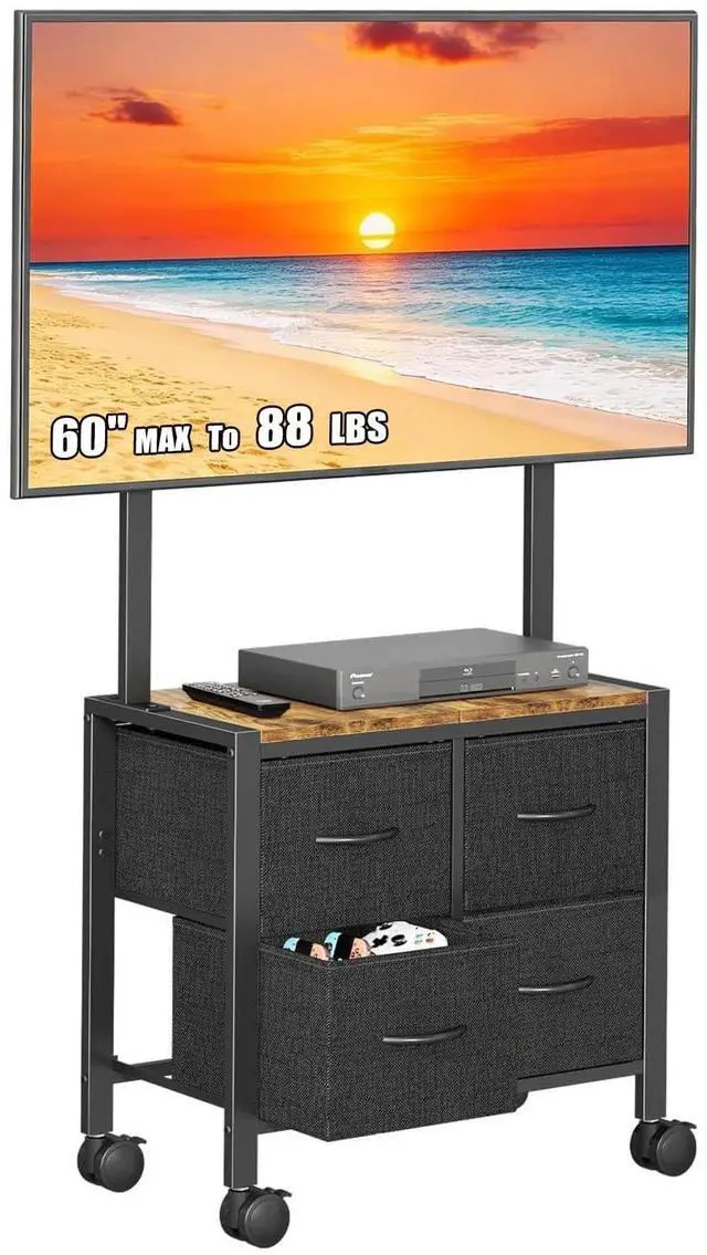 Alt view image 8 of 14 - Mobile TV Cart Rolling TV Stand Holder with 4 Drawer, for 23-60 inch Flat/Curved Screens,Portable Corner Floor TV Stand on Wheels, Holds Up 88Lbs with Wood Shelf, for Living Room Bedroom