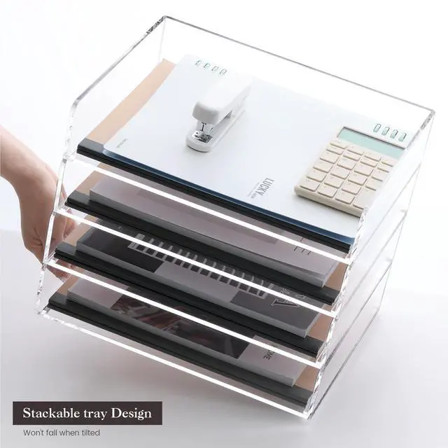 Alt view image 13 of 14 - 4 Tier Paper Organizer for Desk,Acrylic Paper Tray,Clear Stackable Desk Organizer for Document, Office File,A4 Paper