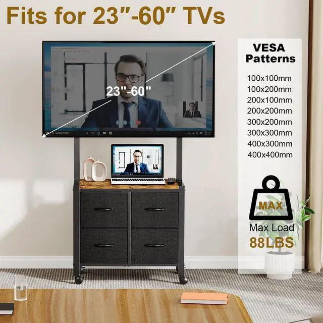 Alt view image 10 of 14 - Mobile TV Cart Rolling TV Stand Holder with 4 Drawer, for 23-60 inch Flat/Curved Screens,Portable Corner Floor TV Stand on Wheels, Holds Up 88Lbs with Wood Shelf, for Living Room Bedroom
