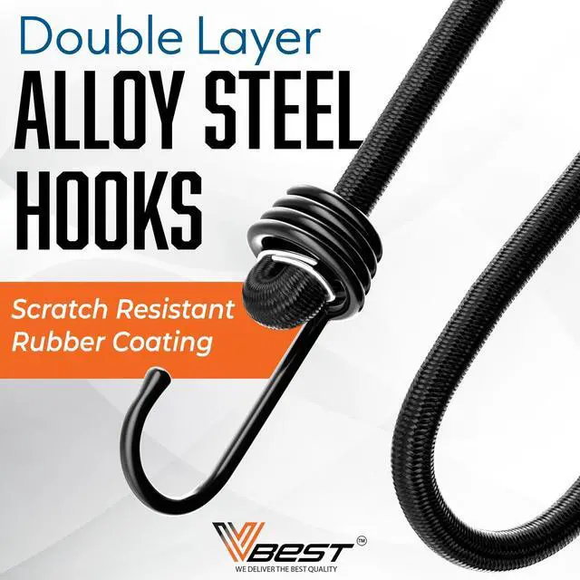 Alt view image 9 of 14 - Bungee Cords Heavy Duty Outdoor with Hooks - 6Pcs Assorted Sizes Set | Black Rubber Bungy Chords Set Includes 2x48", 2x60", 2x72" - Long Bungie Straps - UV & Weather Resistant 200lb Strength