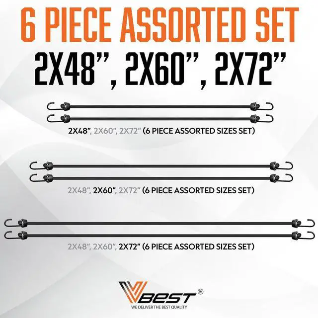Alt view image 13 of 14 - Bungee Cords Heavy Duty Outdoor with Hooks - 6Pcs Assorted Sizes Set | Black Rubber Bungy Chords Set Includes 2x48", 2x60", 2x72" - Long Bungie Straps - UV & Weather Resistant 200lb Strength