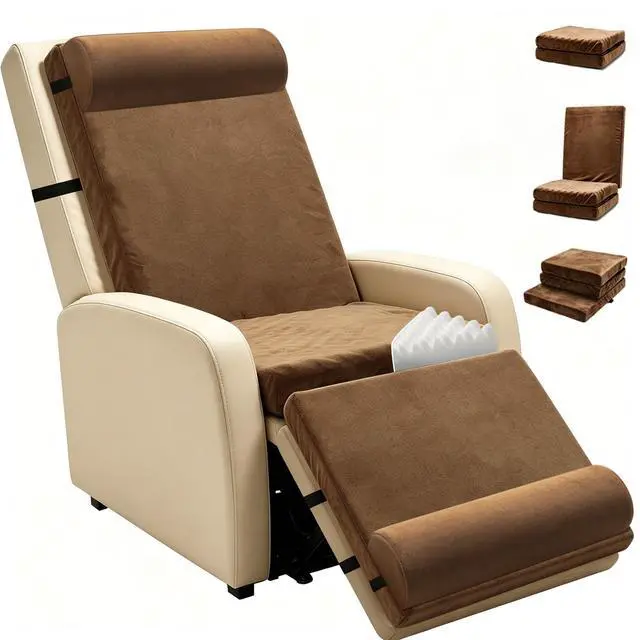 Alt view image 8 of 14 - 5-in-1 Recliner Egg Crate Foam Seat Cushion with 27'' High Back,Footrest and 2 Adjustable Half Moon Pillows, Non-Slip Recliner Pads with Velvet Cover for Elderly, Brown