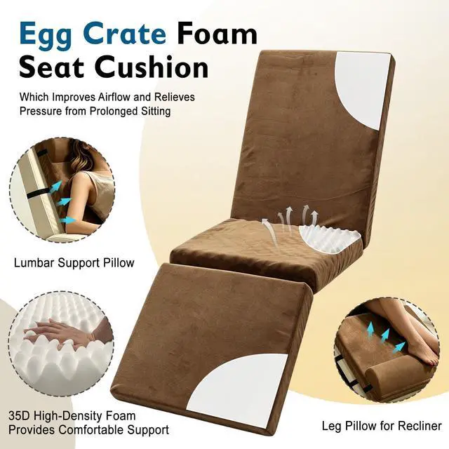 Alt view image 11 of 14 - 5-in-1 Recliner Egg Crate Foam Seat Cushion with 27'' High Back,Footrest and 2 Adjustable Half Moon Pillows, Non-Slip Recliner Pads with Velvet Cover for Elderly, Brown