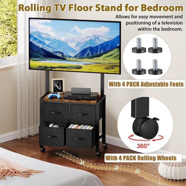Alt view image 12 of 14 - Mobile TV Cart Rolling TV Stand Holder with 4 Drawer, for 23-60 inch Flat/Curved Screens,Portable Corner Floor TV Stand on Wheels, Holds Up 88Lbs with Wood Shelf, for Living Room Bedroom