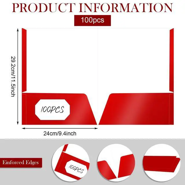 Alt view image 8 of 12 - 100 Pack Folder with 2 Pocket Glossy Laminated Letter Size Paper Folder with Pocket Bulk Paper Portfolios for School, Teacher, College, Office (Red)