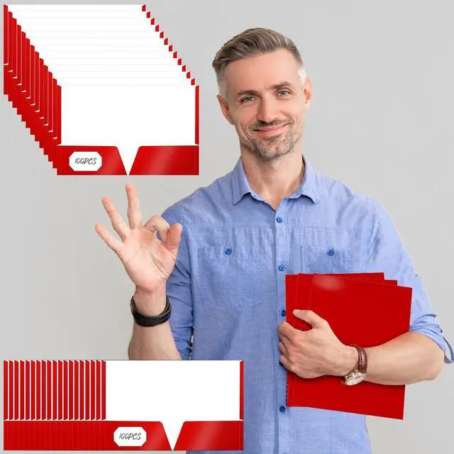 Alt view image 10 of 12 - 100 Pack Folder with 2 Pocket Glossy Laminated Letter Size Paper Folder with Pocket Bulk Paper Portfolios for School, Teacher, College, Office (Red)
