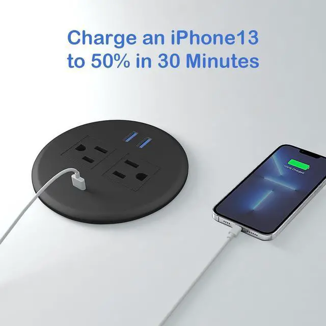 Alt view image 9 of 14 - 2 Pack Desktop Power Grommet,PD20W Fast Charging USB-C.3-inch Round Flush-Mount Desk Outlet, Recessed Grommet Outlet,3 USB Ports,2 AC Outlets,ETL Listed,6.5-FT Cord,Black
