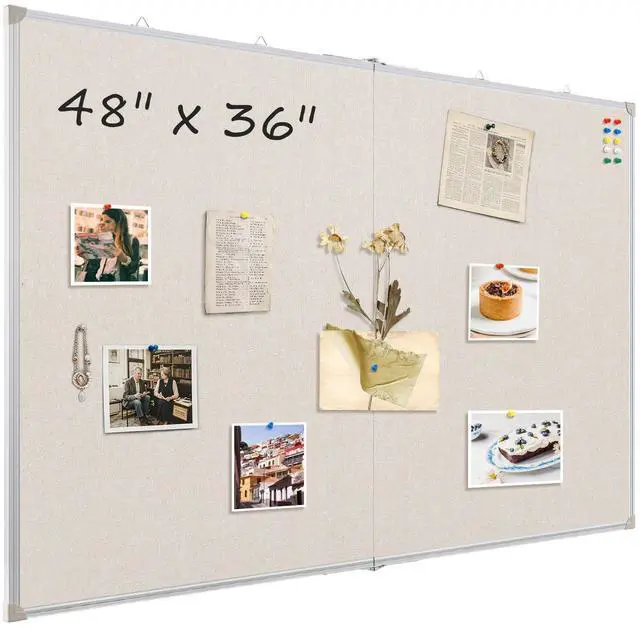 Alt view image 8 of 14 - Double-Sided Large Foldable Cork Board with Linen, 48" x 36" | Hanging Aluminum Framed Bulletin Board, Beige Vision Board Pin Board Corkboards for Walls, Office, School Decor, 20 Pushpins