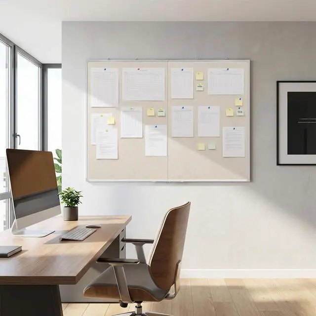 Alt view image 12 of 14 - Double-Sided Large Foldable Cork Board with Linen, 48" x 36" | Hanging Aluminum Framed Bulletin Board, Beige Vision Board Pin Board Corkboards for Walls, Office, School Decor, 20 Pushpins