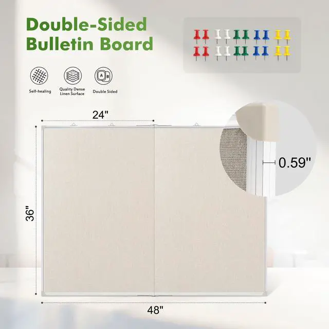 Alt view image 10 of 14 - Double-Sided Large Foldable Cork Board with Linen, 48" x 36" | Hanging Aluminum Framed Bulletin Board, Beige Vision Board Pin Board Corkboards for Walls, Office, School Decor, 20 Pushpins