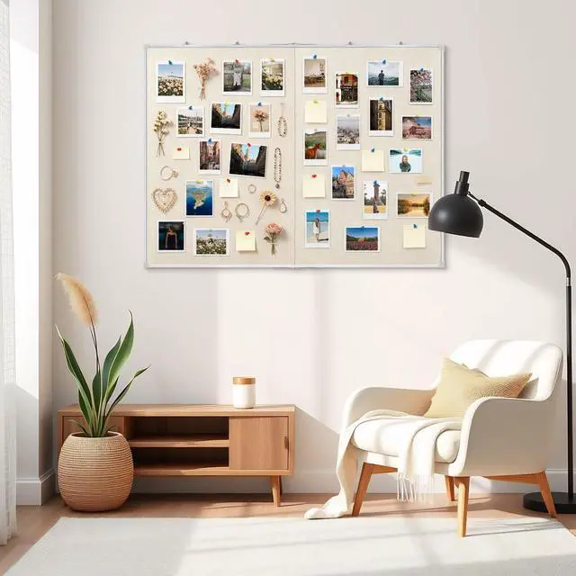 Alt view image 13 of 14 - Double-Sided Large Foldable Cork Board with Linen, 48" x 36" | Hanging Aluminum Framed Bulletin Board, Beige Vision Board Pin Board Corkboards for Walls, Office, School Decor, 20 Pushpins