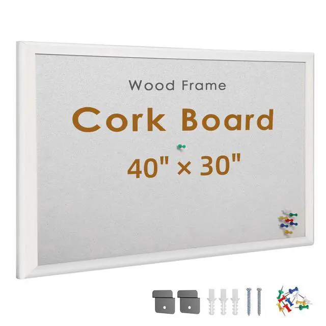 Alt view image 9 of 14 - White Cork Bulletin Board 40" X 30" with 10 Push Pins, Corkboard with White Wood Frame, Cork Notice Board Message Board, Framed Pin Board for Home, Office, School