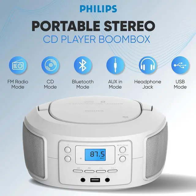 Alt view image 7 of 10 - CD Player Portable with Bluetooth, Crystal Clear Sound Top Loading CD Boombox with FM Radio, USB Port & Aux Input, Compact & Lightweight Design,R/CD-RW/MP3 Compatible (White)