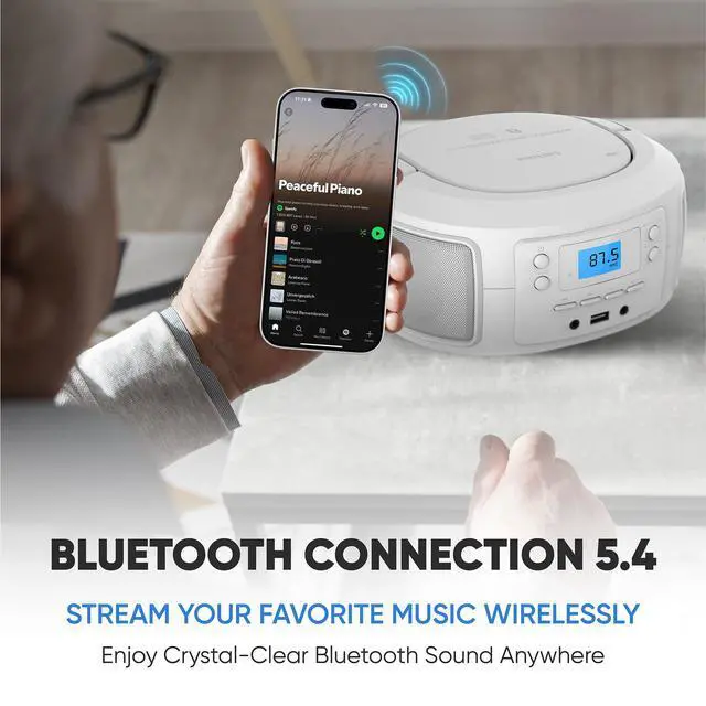 Alt view image 8 of 10 - CD Player Portable with Bluetooth, Crystal Clear Sound Top Loading CD Boombox with FM Radio, USB Port & Aux Input, Compact & Lightweight Design,R/CD-RW/MP3 Compatible (White)