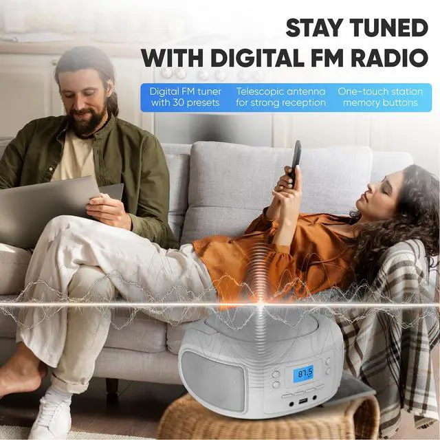 Alt view image 9 of 10 - CD Player Portable with Bluetooth, Crystal Clear Sound Top Loading CD Boombox with FM Radio, USB Port & Aux Input, Compact & Lightweight Design,R/CD-RW/MP3 Compatible (White)