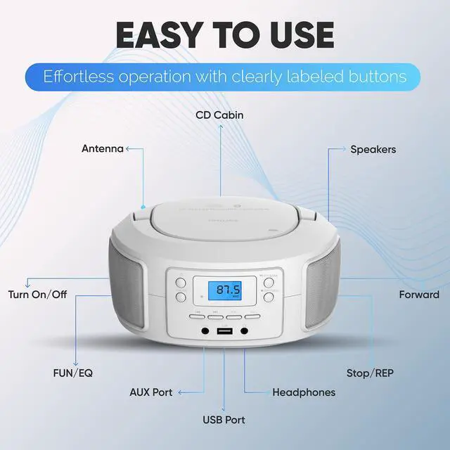 Alt view image 10 of 10 - CD Player Portable with Bluetooth, Crystal Clear Sound Top Loading CD Boombox with FM Radio, USB Port & Aux Input, Compact & Lightweight Design,R/CD-RW/MP3 Compatible (White)