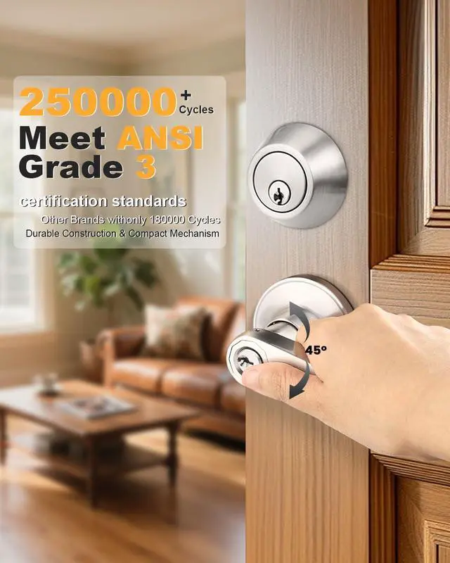 Alt view image 9 of 14 - Keyed Alike Front Door Exterior Door Lever Lockset with Single Cylinder Deadbolt Combination Set, Door Knob with Lock and Deadbolt, Satin Nickel Finished, 1Pack
