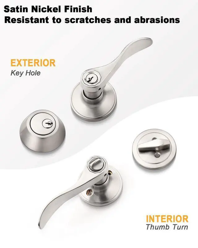 Alt view image 10 of 14 - Keyed Alike Front Door Exterior Door Lever Lockset with Single Cylinder Deadbolt Combination Set, Door Knob with Lock and Deadbolt, Satin Nickel Finished, 1Pack