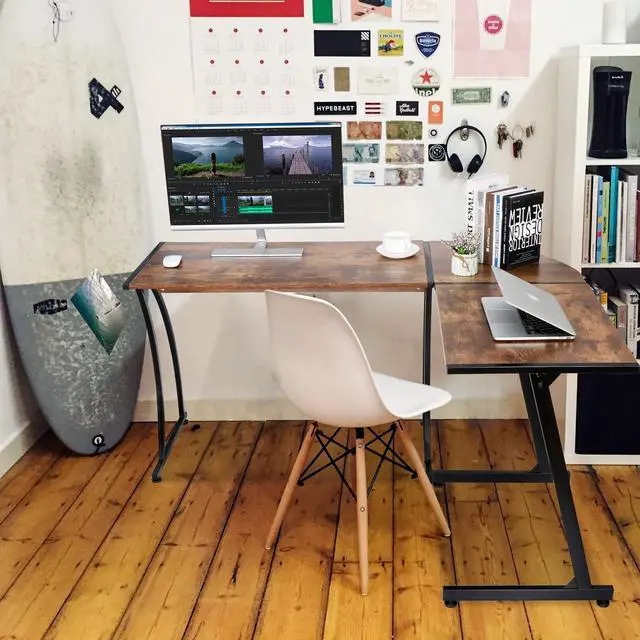 Alt view image 8 of 12 - 55" L-Shaped Corner Computer Desk - Sturdy Steel Frame & Waterproof Surface, Brown Wood Grain Design for Home Office, Gaming & Multipurpose Workstation