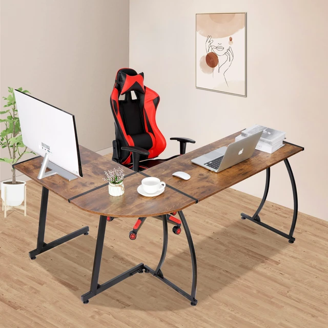 Alt view image 10 of 12 - 55" L-Shaped Corner Computer Desk - Sturdy Steel Frame & Waterproof Surface, Brown Wood Grain Design for Home Office, Gaming & Multipurpose Workstation