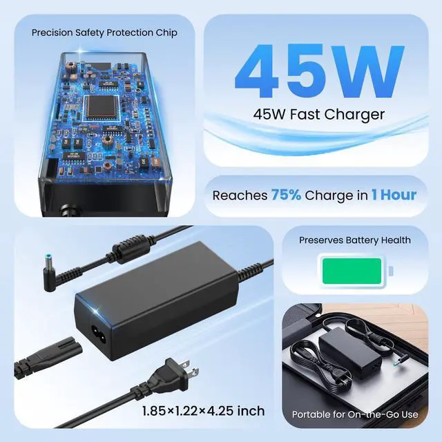 Alt view image 13 of 14 - 45W Charger Compatible with HP Laptop Charger - 19.5V 2.31A Charger Smart Blue Tip Compatible with HP Stream 11 13 14, Pavilion x360 11 13 15 17, Envy, ProBook, EliteBook, Spectre, Notebook 14 15