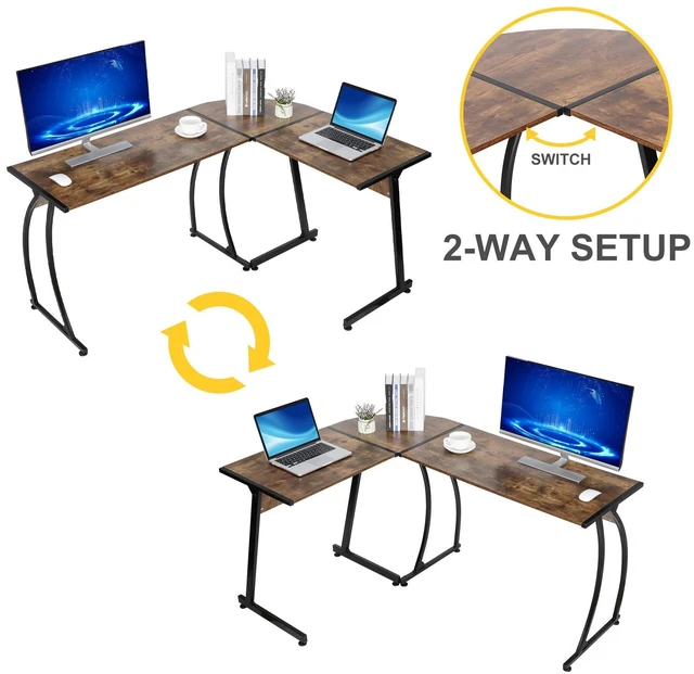 Alt view image 11 of 12 - 55" L-Shaped Corner Computer Desk - Sturdy Steel Frame & Waterproof Surface, Brown Wood Grain Design for Home Office, Gaming & Multipurpose Workstation