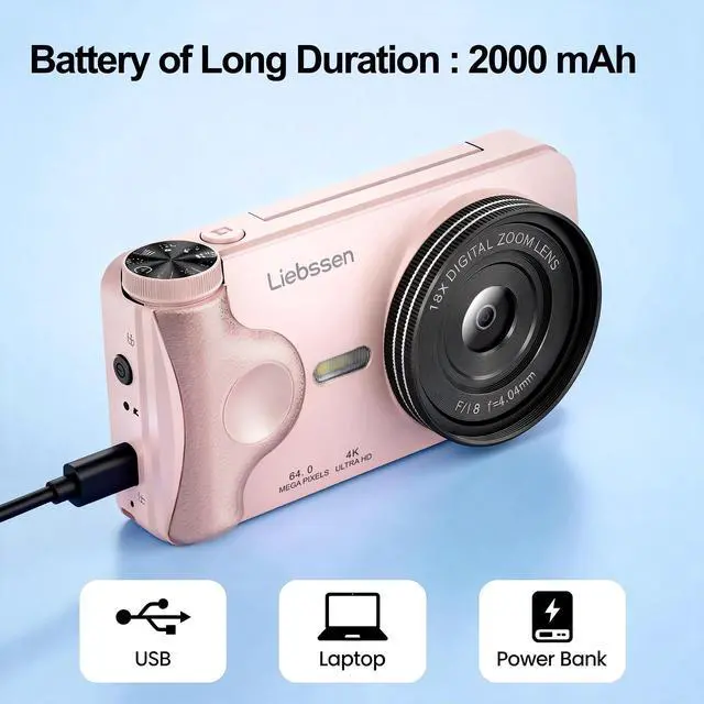 Alt view image 7 of 8 - 4K Digital Camera 64MP Autofocus 3.0'' 180° Flip Screen Portable for Photo & Vlog Featuring Time Lapse & Slow Motion&20 Filters 32GB 2000mAh for Social Media CreatorBeginner&Childen (Pink, Camera)