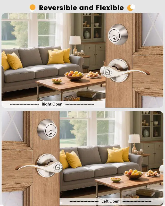 Alt view image 13 of 14 - Keyed Alike Front Door Exterior Door Lever Lockset with Single Cylinder Deadbolt Combination Set, Door Knob with Lock and Deadbolt, Satin Nickel Finished, 1Pack