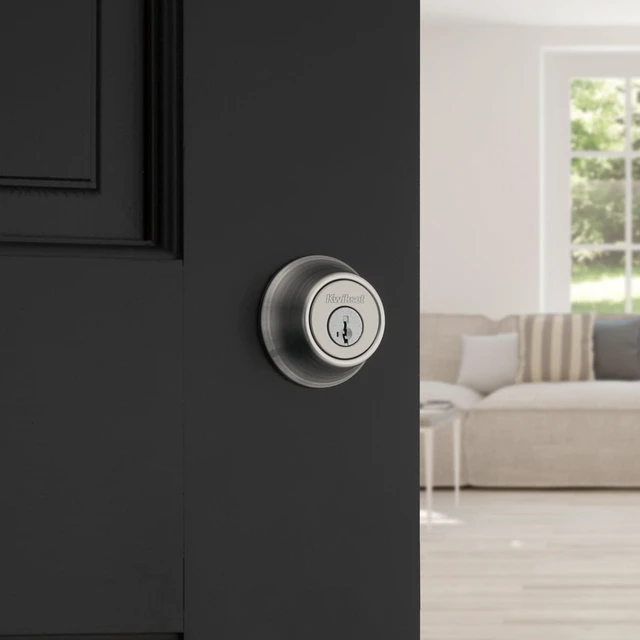 Alt view image 9 of 14 - 660 Deadbolt Lock, Satin Nickel Round Exterior Keyed Front Entry Door, Single Cylinder Dead Bolt, with Microban Protection