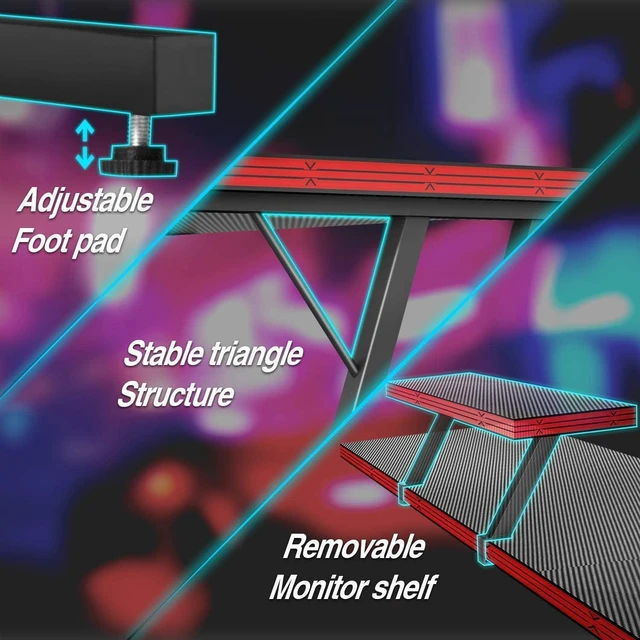 Alt view image 10 of 12 - L Shaped Gaming Desk, Corner Desk with Monitor Stand, Computer PC Table for Home Office Writing Studying Working, Space-Saving, Easy Assemble(Black,51'')