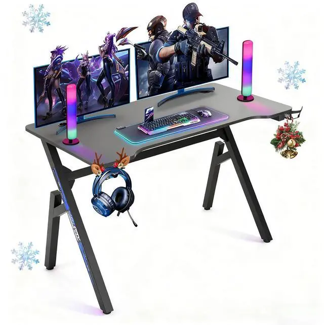 Alt view image 7 of 7 - 47 Inch Gaming Desk R-Shaped Computer Desk with Headphone Hook and Cup Holder, Modern Gamer Desks Table for Home Office Dorm Sturdy Writing Workstation, Carbon Fiber Black, Blue