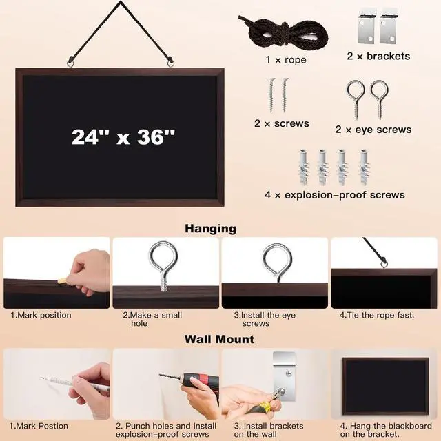 Alt view image 14 of 14 - Magnetic Chalkboard, 24 x 36 Inches Wooden-Framed Blackboard, Hanging Chalk Board for School Office Home and Restaurant Menu