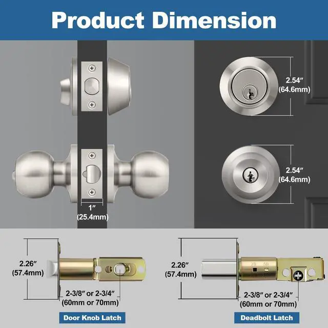 Alt view image 9 of 14 - Keyed Same Exterior Door Knob and Single Cylinder Deadbolt Combo Set, Keyed Alike Entry Door Knobs with Lock and Keys for Entrance and Front Door, Satin Nickel