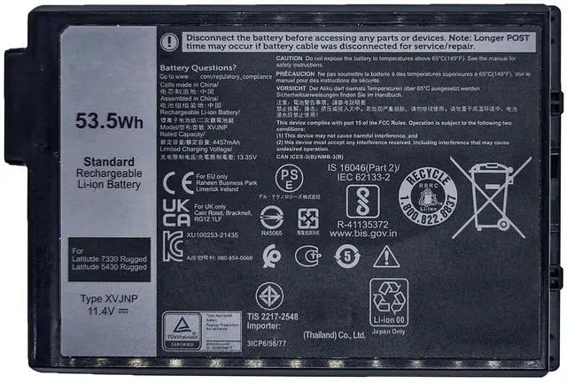 Alt view image 7 of 12 - XVJNP 53.5Wh Laptop Battery Compatible with Dell Latitude 5430 7330 Rugged Extreme P148G P148G001 P149G P149G001 Series 06JRCP 6JRCP 0M0TN3 M0TN3 KD1CT 451-BCWQ 11.4V 4457mAh