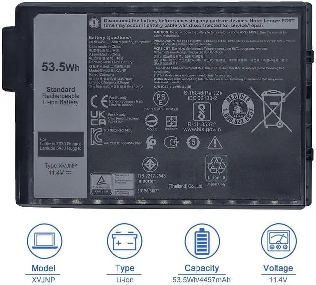 Alt view image 8 of 12 - XVJNP 53.5Wh Laptop Battery Compatible with Dell Latitude 5430 7330 Rugged Extreme P148G P148G001 P149G P149G001 Series 06JRCP 6JRCP 0M0TN3 M0TN3 KD1CT 451-BCWQ 11.4V 4457mAh