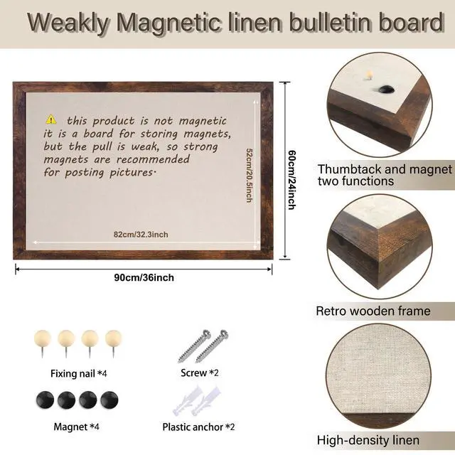 Alt view image 8 of 12 - Large Magnetic Bulletin Board 36 x 24 Inch for Wall,Rustic Framed Cork Board with Linen for Home Office School,with 4 Push pins, 4 Magnets