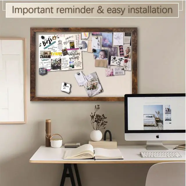 Alt view image 10 of 12 - Large Magnetic Bulletin Board 36 x 24 Inch for Wall,Rustic Framed Cork Board with Linen for Home Office School,with 4 Push pins, 4 Magnets