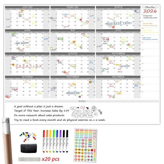 Alt view image 8 of 14 - Large Dry Erase Wall Calendar - 48"x58" 12-month 2026 Undated Reusable Yearly Calendar for Home, Office, School Projects - Jumbo Laminated Task Organizer