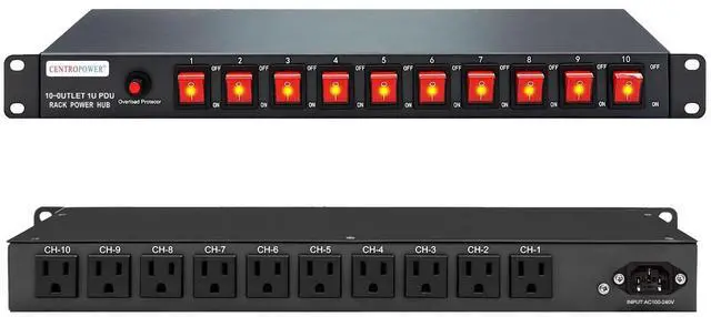Alt view image 5 of 8 - 1U PDU Horizontal Rackmount Power Strip - Surge Protector 10 NEMA 5-15R Outlet 100V-240V/15A 1800 Joules, 10 Independent LED Switches, w/6 ft Cord, for Network Server, ETL Listed, by