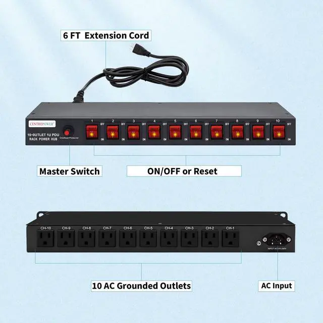 Alt view image 6 of 8 - 1U PDU Horizontal Rackmount Power Strip - Surge Protector 10 NEMA 5-15R Outlet 100V-240V/15A 1800 Joules, 10 Independent LED Switches, w/6 ft Cord, for Network Server, ETL Listed, by