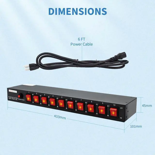 Alt view image 7 of 8 - 1U PDU Horizontal Rackmount Power Strip - Surge Protector 10 NEMA 5-15R Outlet 100V-240V/15A 1800 Joules, 10 Independent LED Switches, w/6 ft Cord, for Network Server, ETL Listed, by