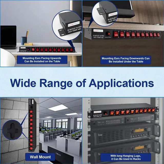 Alt view image 8 of 8 - 1U PDU Horizontal Rackmount Power Strip - Surge Protector 10 NEMA 5-15R Outlet 100V-240V/15A 1800 Joules, 10 Independent LED Switches, w/6 ft Cord, for Network Server, ETL Listed, by