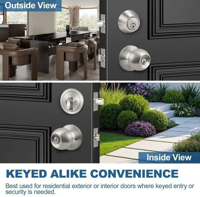 Alt view image 14 of 14 - Keyed Same Exterior Door Knob and Single Cylinder Deadbolt Combo Set, Keyed Alike Entry Door Knobs with Lock and Keys for Entrance and Front Door, Satin Nickel