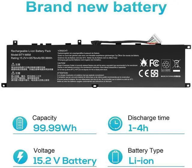 Alt view image 7 of 8 - BTY-M6M 99.99Wh Laptop Battery Replacement for MSI GS66 Stealth 10SE 10SF 11UE 11UH GE66 Raider 10UG 11UG GE76 for Raider 11UE 11UG GE76 for Dragon Tiamat 11UH WS66 10TM 11UMT 11UKT for Creator 15